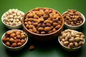 almendra, avellana, nuez mezcla en un bol, Perfecto para nutrición ai generado foto