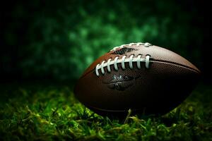 American football on lush green field, set against dark background AI Generated photo