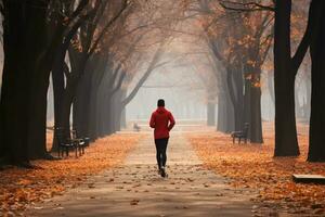 en medio de otoño niebla, un dedicado corredor abraza el sereno parque ai generado foto