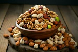 Assorted nuts in a rustic wooden bowl, featuring walnuts prominently AI Generated photo