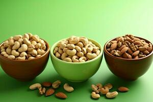 A ceramic bowl filled with nuts on a green background, nutritious AI Generated photo