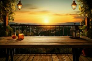 Artistic ambiance Wood panel, Tuscan balcony, and golden sunset glow AI Generated photo