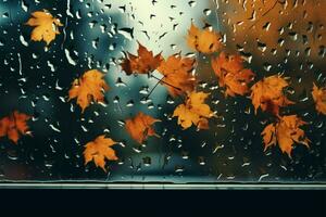 Autumn leaves cling to rainy window, epitomizing the fall season AI Generated photo