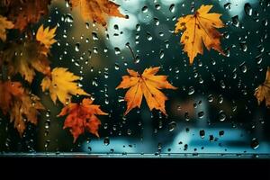 otoñal ventana ver lluvia Satisface vistoso hojas, significando el temporada ai generado foto