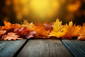 Autumns beauty Colored leaves adorn a wooden table as a backdrop AI Generated photo