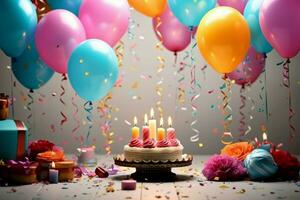 Balloons, cake, candles, and Happy Birthday create a festive background AI Generated photo