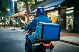 azul uniforme jinete entrega comida o parcelas eficientemente en un motocicleta ai generado foto