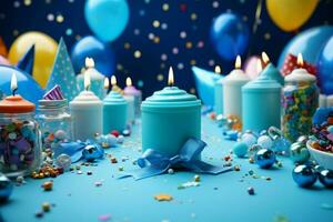 Blue themed birthday decorations caps, blowers, and candle highlights AI Generated photo