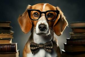 Bow tied beagle embraces studious look, glasses add extra flair AI Generated photo