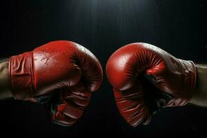 Boxing men with gloves, set against a stark black canvas AI Generated photo