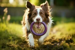 marrón frontera collie perro comprometido en jardín formación ejercicios ai generado foto