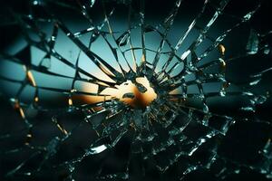 Bullet pierced glass, creating a web of radial cracks outward AI Generated photo