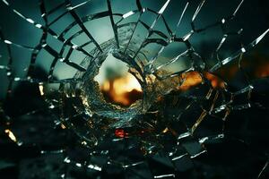 Bullets impact fractured glass, forming radial cracks around the hole AI Generated photo