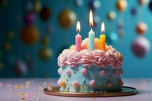 brillante pastel configuración, un solitario Primero año pastel celebra un cumpleaños ai generado foto