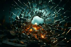 Bullets path left circular cracks emanating from shattered windows hole AI Generated photo