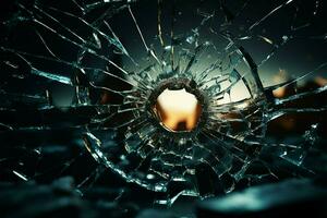 Bullets path left circular cracks emanating from shattered windows hole AI Generated photo