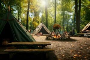 Campsite tranquility Tents in a wooded area with a rustic table AI Generated photo