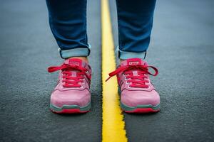 casual elegancia De las mujeres pies, zapatillas listo, marca el comenzando línea ai generado foto