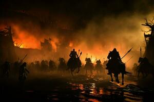 Cavalry and infantry clash in a foggy, selective focused medieval scene AI Generated photo