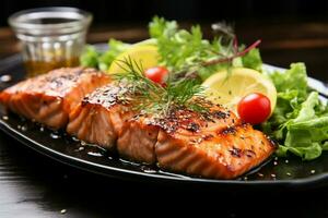 un delicioso combinación A la parrilla salmón filete y Fresco sésamo ensalada ai generado foto