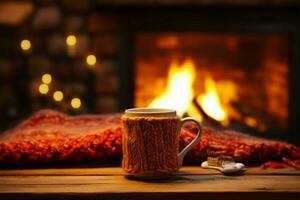 Charming chalet atmosphere hot drink, fireside, and knitted mitten AI Generated photo