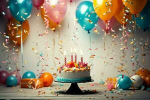 Cheerful birthday setting with balloons, cake, candles, and birthday message AI Generated photo