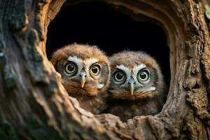 Charming owl chicks peek from tree hollow nest, copy space AI Generated photo