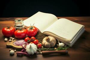 cocineros sombrero, receta libro, y Fresco ingredientes un culinario obra maestra espera ai generado foto