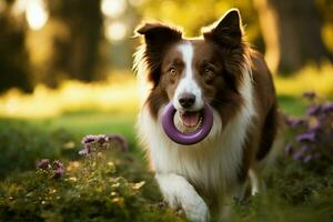 Chocolate border collie undergoes obedience training in a lush garden AI Generated photo