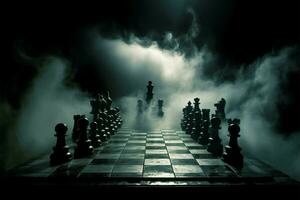 Chessboard symbolizes business strategy, figures in smoky, competitive atmosphere AI Generated photo