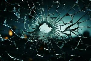 Circular fractures radiate from the bullet hole in the glass AI Generated photo