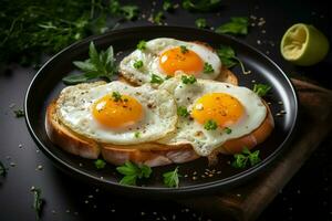 clásico desayuno presentación soleado lado arriba frito huevos en un plato ai generado foto