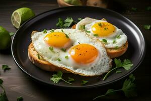 clásico desayuno presentación soleado lado arriba frito huevos en un plato ai generado foto