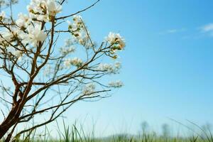 Clear blue sky frames a trees intricate branches, white flowers AI Generated photo