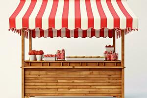 clásico de madera mercado estar adornado con un rojo blanco a rayas toldo ai generado foto