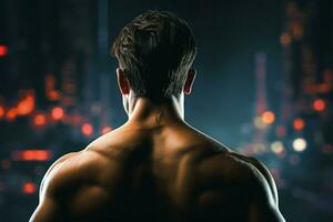 Close up reveals the muscular back of a strong, fit man AI Generated photo