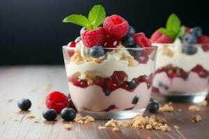 A DIY creation of raspberry, blueberry, yogurt, and crunchy granola AI Generated photo