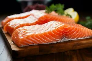 Close up view showcases pristine raw salmon fillets on rustic table AI Generated photo