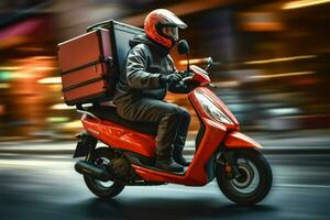 mensajero en un moto scooter, asegurando rápido comida entregas ai generado foto