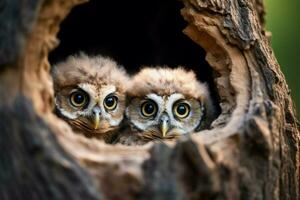 Curious baby owls in a tree hole nest, offering copy space AI Generated photo