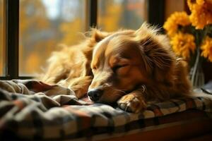 acogedor otoño escena un soñador perro siestas por el calentar antepecho ai generado foto