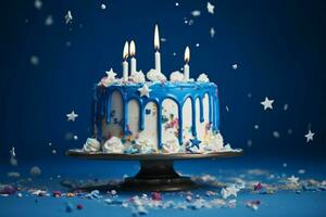 Dark blue background sets off a white birthday drip cake AI Generated photo