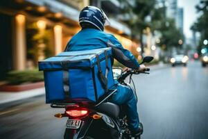 entrega profesional en azul uniforme velocidades en un motocicleta, entregando ai generado foto