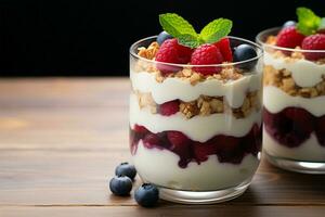 DIY breakfast Raspberry and blueberry yogurt parfait with granola topping AI Generated photo