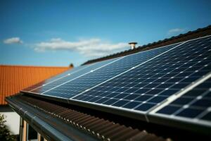 Domestic solar panels on a houses roof under the blue sky AI Generated photo