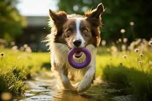 perro formación sesión se despliega en el jardín con un frontera collie ai generado foto