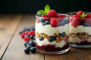 bricolaje desayuno frambuesa y arándano yogur parfait con Granola Adición ai generado foto