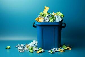 Eco friendly concept Blue bin holds crumpled paper for recycling AI Generated photo