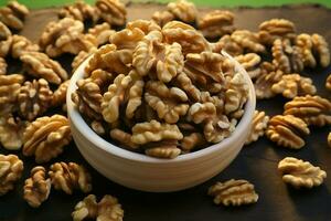 Eco friendly backdrop sets the stage for a nutritious walnut snack AI Generated photo