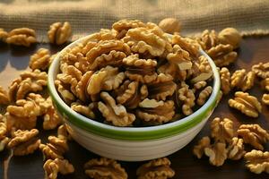 Eco friendly backdrop sets the stage for a nutritious walnut snack AI Generated photo